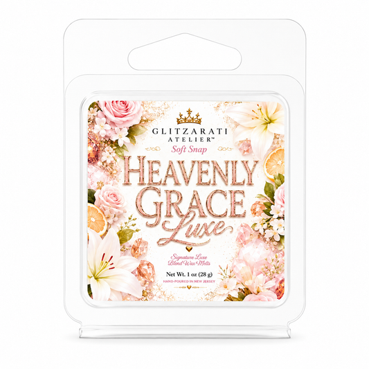 Heavenly Grace Luxe | Signature Luxe Blend Wax Melt | Green Citrus, Rose Jasmine & Cotton Candy Musk | 1 oz Clamshell | Glitzarati Atelier™