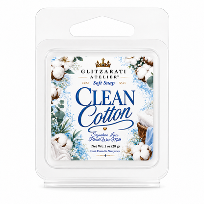 Clean Cotton | Signature Luxe Blend Wax Melt | Fresh Linen, Cotton Blossom & Soft Musk | 1 oz Clamshell | Glitzarati Atelier™