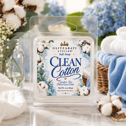 Clean Cotton | Signature Luxe Blend Wax Melt | Fresh Linen, Cotton Blossom & Soft Musk | 1 oz Clamshell | Glitzarati Atelier™