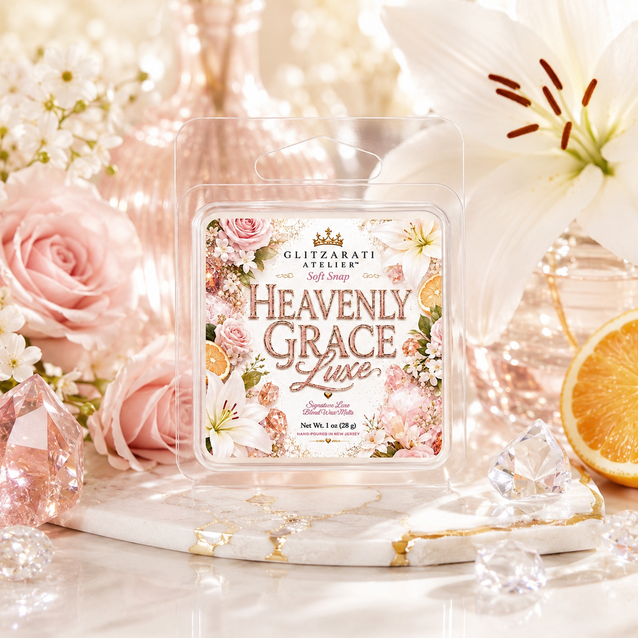 Heavenly Grace Luxe | Signature Luxe Blend Wax Melt | Green Citrus, Rose Jasmine & Cotton Candy Musk | 1 oz Clamshell | Glitzarati Atelier™