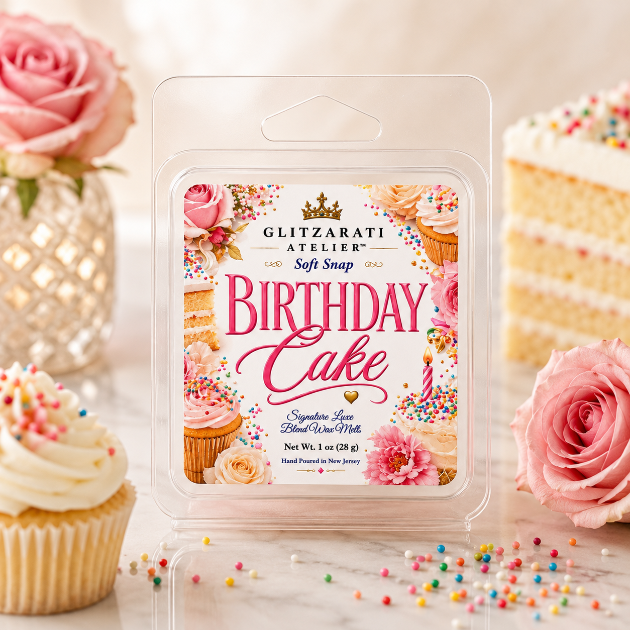 Birthday Cake | Signature Luxe Blend Wax Melt | Vanilla Cake, Sweet Frosting & Bakery Sugar | 1 oz Clamshell | Glitzarati Atelier™
