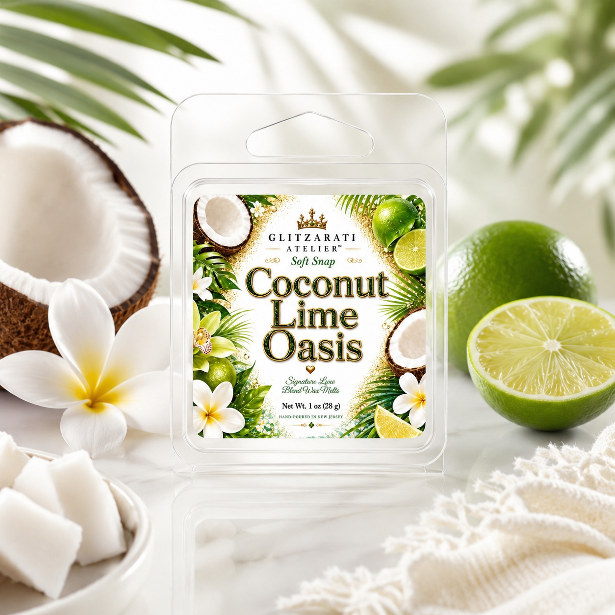 Coconut Lime Oasis | Signature Luxe Blend Wax Melt | Fresh Lime, Coconut & Vanilla Musk | 1 oz Clamshell | Glitzarati Atelier™