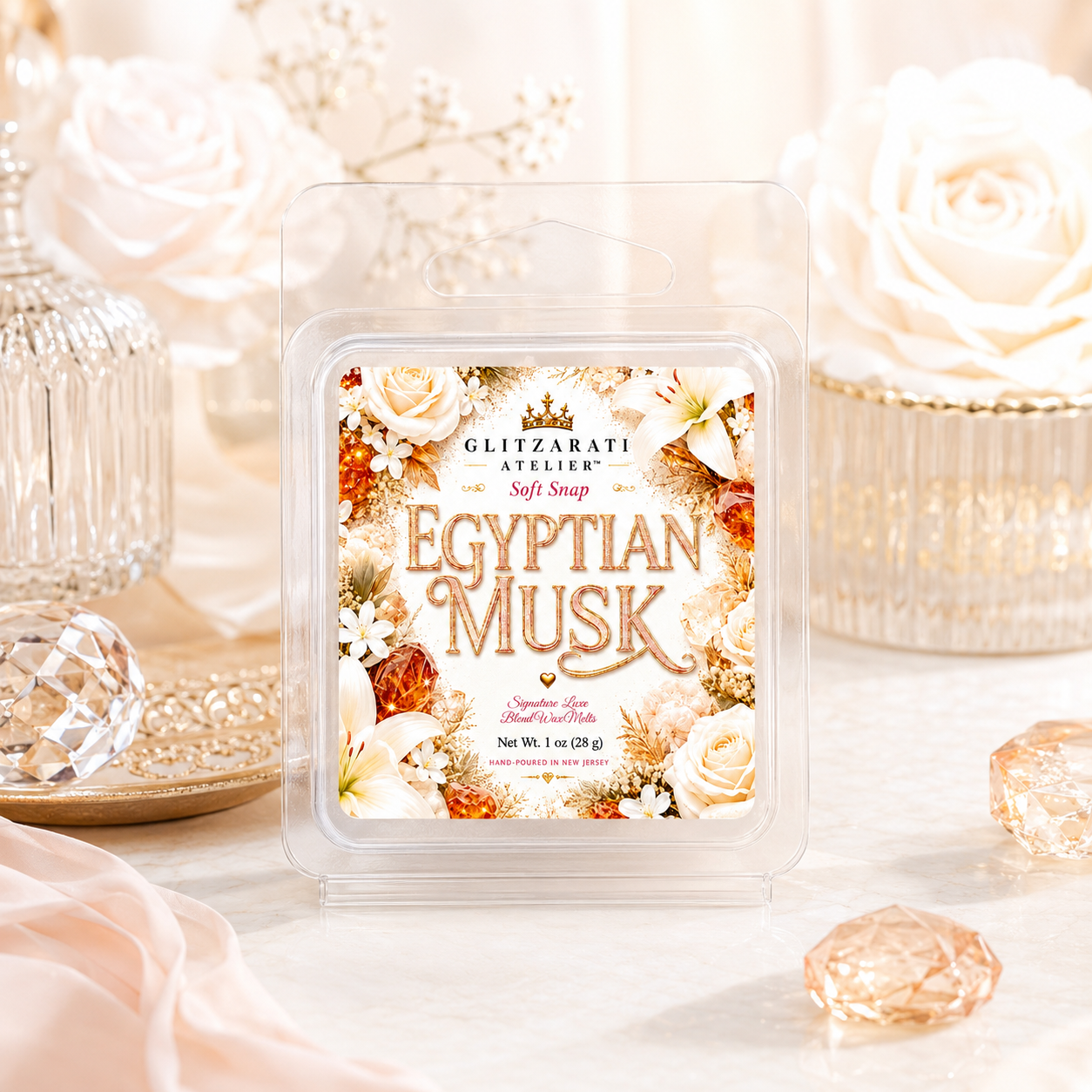 Egyptian Musk | Signature Luxe Blend Wax Melt | White Florals, Soft Musk & Powdery Warmth | 1 oz Clamshell | Glitzarati Atelier™