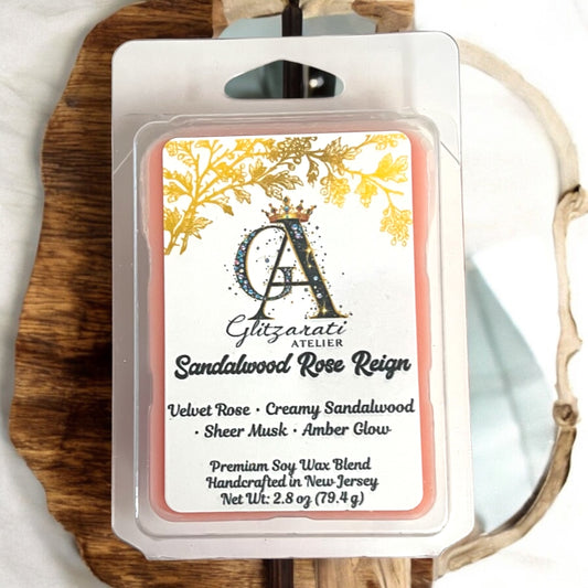 Gltizarati Atelier sandalwood rose wax melt packaging on a wooden board