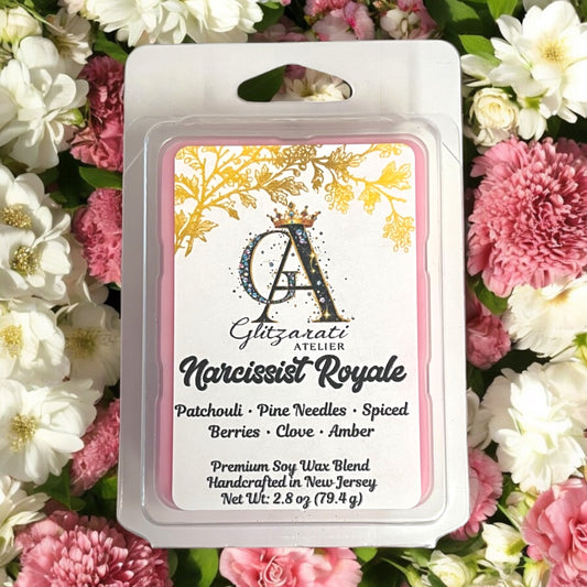 Wax melt package with floral design and branding on a floral background