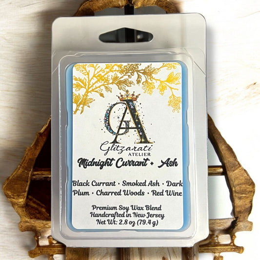 Gltzarati Atelier wax melt packaging with decorative label on a wooden surface