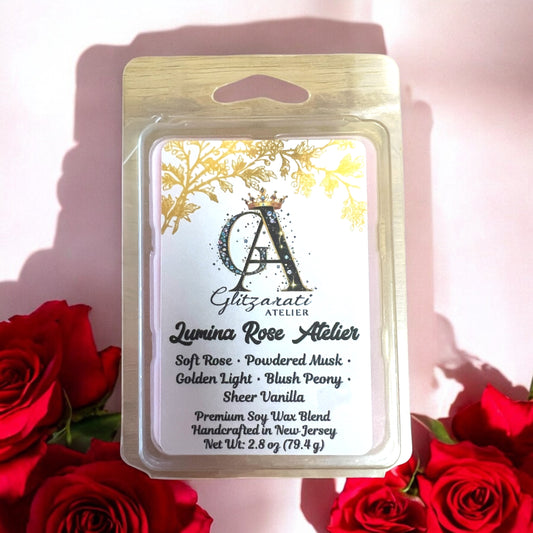 Lumina Rose Atelier Luxe Iridescent Wax Melts – Soft Rose, Powdered Musk & Golden Light • 2.8 oz | Glitzarati Atelier