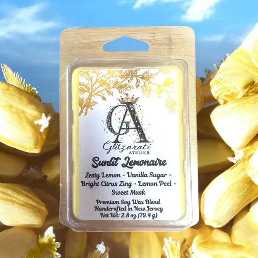 Gltizarati Atelier Suntit Lemonaire wax melt packaging with yellow flowers in the background