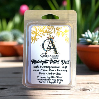 Wax melt package with brand logo and product name against a garden background