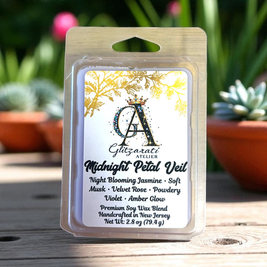 Wax melt package with brand logo and product name against a garden background