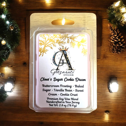 Wax melt packaging with brand name on a wooden surface with decorative elements