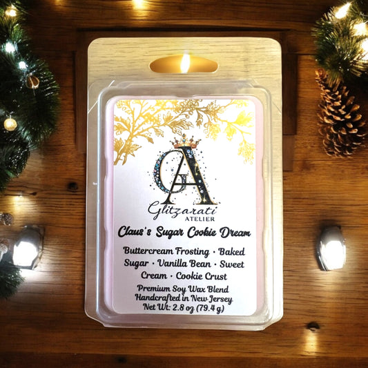 Wax melt packaging with brand name on a wooden surface with decorative elements