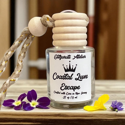 Coastal Luxe Escape Hanging Car Diffuser – Driftwood, Sandalwood & Sea Breeze | 8ml Glass Freshener by Glitzarati Atelier