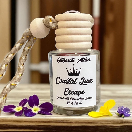 Coastal Luxe Escape Hanging Car Diffuser – Driftwood, Sandalwood & Sea Breeze | 8ml Glass Freshener by Glitzarati Atelier