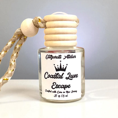 Coastal Luxe Escape Hanging Car Diffuser – Driftwood, Sandalwood & Sea Breeze | 8ml Glass Freshener by Glitzarati Atelier