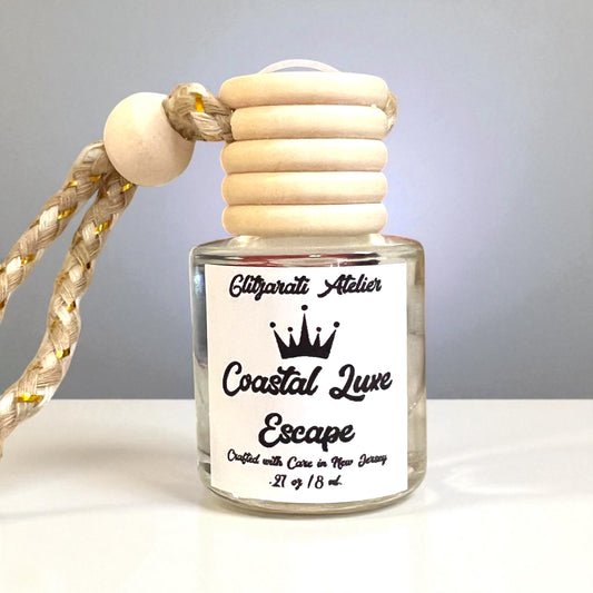 Coastal Luxe Escape Hanging Car Diffuser – Driftwood, Sandalwood & Sea Breeze | 8ml Glass Freshener by Glitzarati Atelier