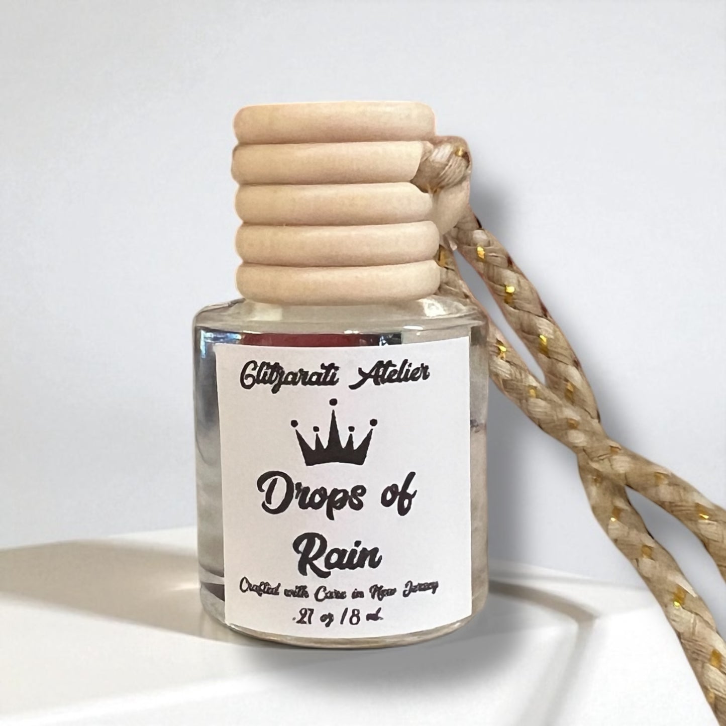 Drops of Rain Hanging Car Diffuser – Fresh Rain, Green Leaves & Soft Woods | 8ml Glass Freshener by Glitzarati Atelier
