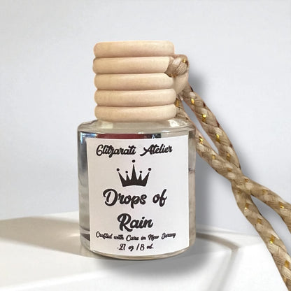 Drops of Rain Hanging Car Diffuser – Fresh Rain, Green Leaves & Soft Woods | 8ml Glass Freshener by Glitzarati Atelier