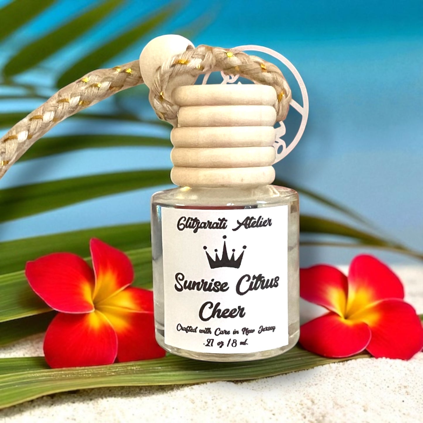 Sunrise Citrus Cheer Hanging Car Diffuser – Citrus, Floral & Fresh Morning Vibes | 8ml Glass Freshener by Glitzarati Atelier