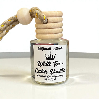 White Tea & Cedar Vanilla Hanging Car Diffuser – Fresh Tea, Warm Woods & Soft Vanilla | 8ml Glass Freshener by Glitzarati Atelier