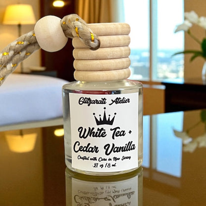 White Tea & Cedar Vanilla Hanging Car Diffuser – Fresh Tea, Warm Woods & Soft Vanilla | 8ml Glass Freshener by Glitzarati Atelier