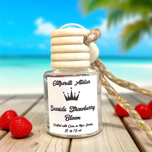 Seaside Strawberry Bloom Hanging Car Diffuser – Coastal Strawberry, Jasmine & Musk | 8ml Glass Freshener by Glitzarati Atelier
