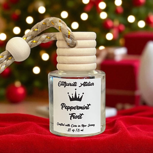 Peppermint Frost Hanging Car Diffuser – Cool Mint, Creamy Vanilla & Light Woods | 8 ml Glass Freshener by Glitzarati Atelier