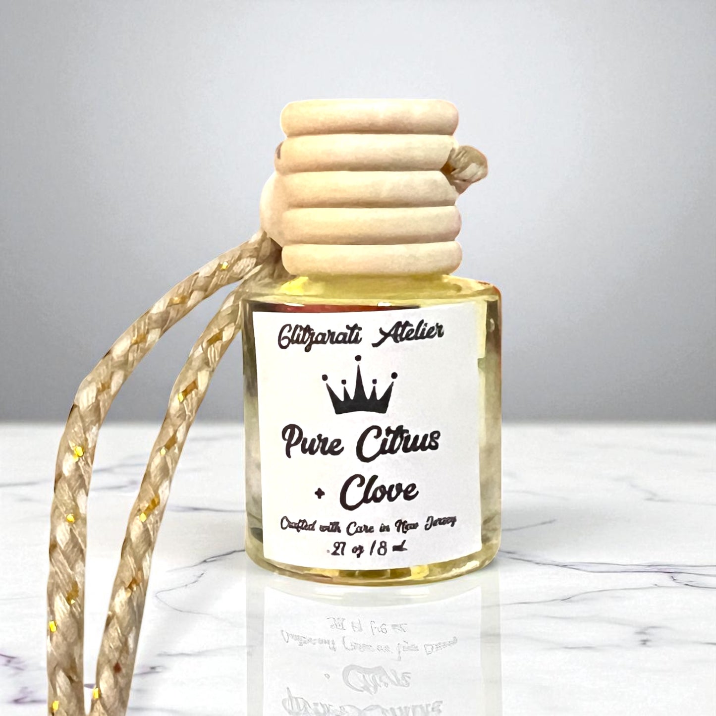 Pure Citrus & Clove Hanging Car Diffuser – Natural Orange & Warm Clove Essential Oil Blend | 8ml Glass Freshener by Glitzarati Atelier