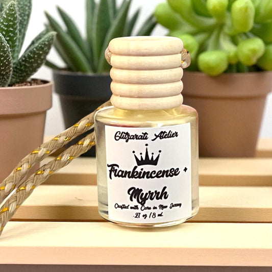 Frankincense & Myrrh Hanging Car Diffuser – Earthy Oud & Resin Incense | 8ml Glass Freshener by Glitzarati Atelier