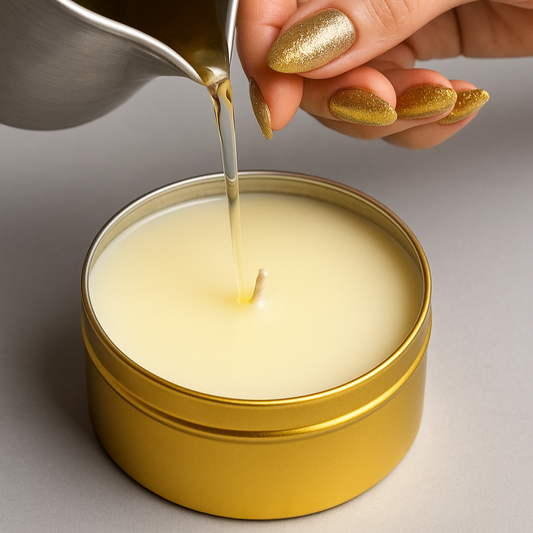 Hand pouring liquid into a candle inside a gold tin with a gray background