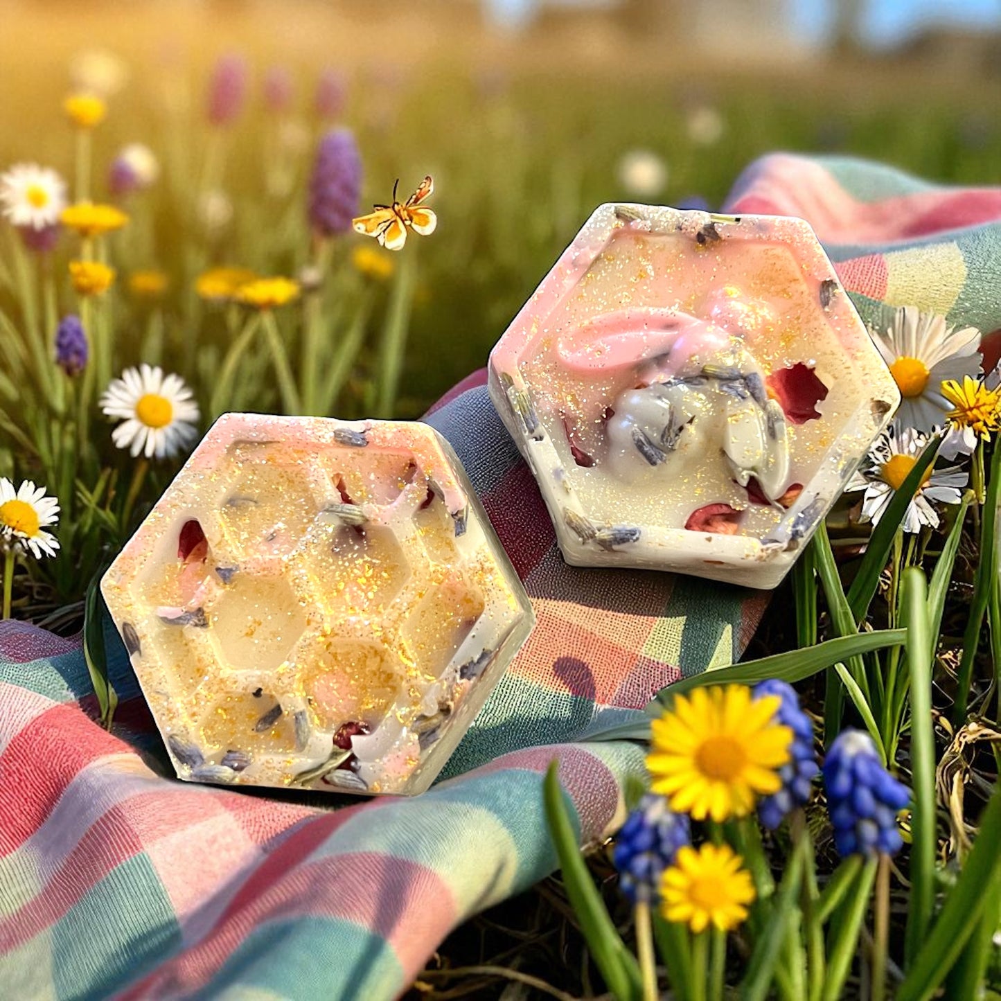 Hexagonal soap bars with natural ingredients on a colorful towel surrounded by flowers and grass.
