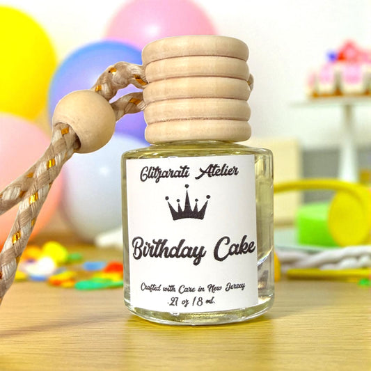 Birthday Cake Hanging Car Diffuser – Sweet Cake & Vanilla Scent | 8ml Glass Freshener by Glitzarati Atelier