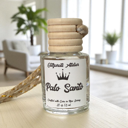 Palo Santo Hanging Car Diffuser – Cleansing Woods, Amber & Citrus | 8ml Glass Freshener by Glitzarati Atelier