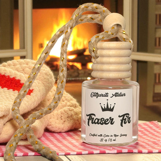 Fraser Fir Hanging Car Diffuser – Evergreen, Cedar & Christmas Tree Vibes | 8ml Glass Freshener by Glitzarati Atelier