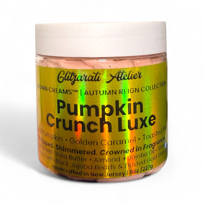 Jar of 'Pumpkin Crunch Luxe' cream from Glitzyarati Atelier on a white background