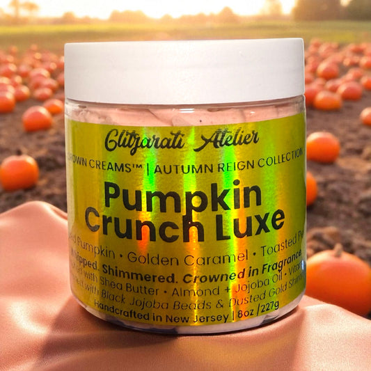 Jar of 'Pumpkin Crunch Luxe' cream with a pumpkin field in the background