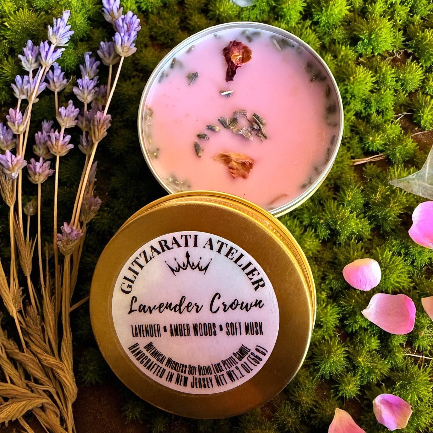 Lavender-themed product with 'Gulzarati Atelier' branding on a green background with lavender and rose petals.