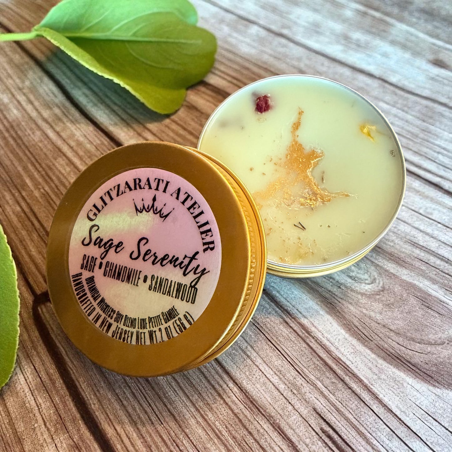 Bath bomb in a container with a gold lid on a wooden surface