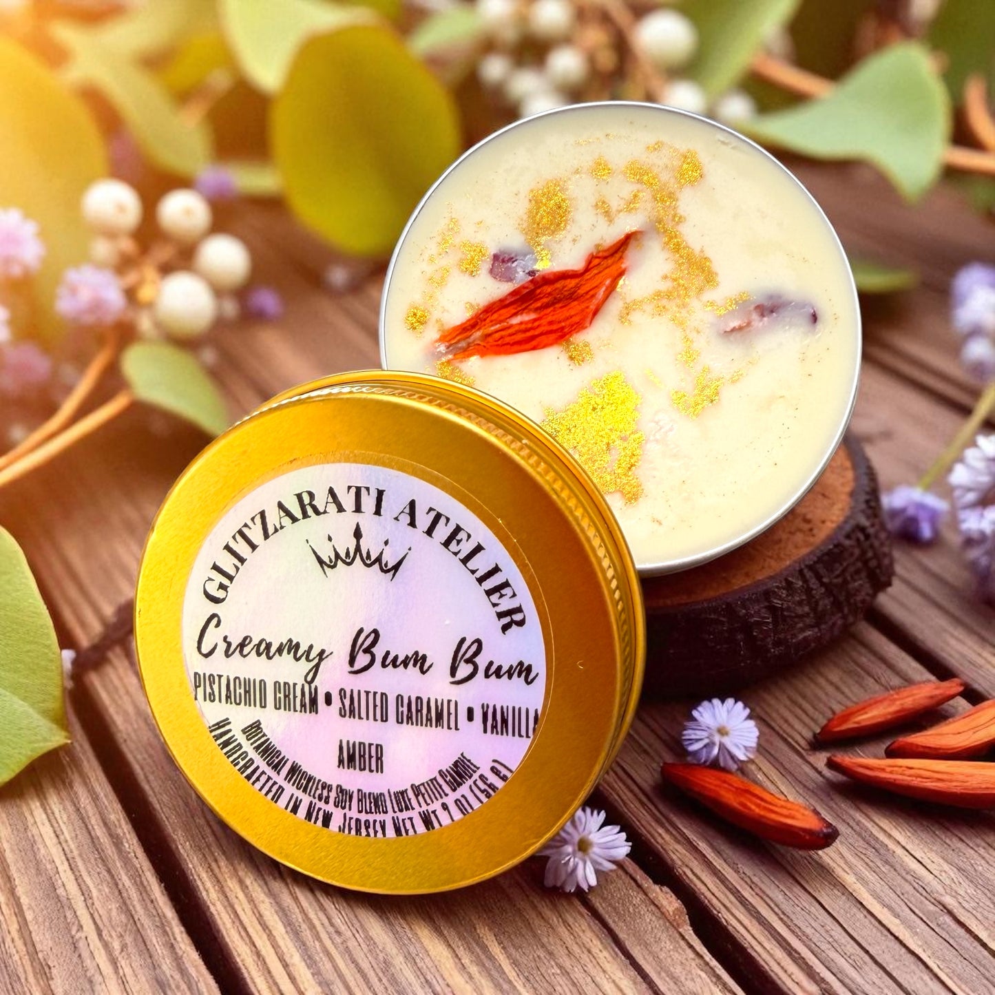 Creamy Bum Bum product with yellow lid on a wooden surface with decorative elements