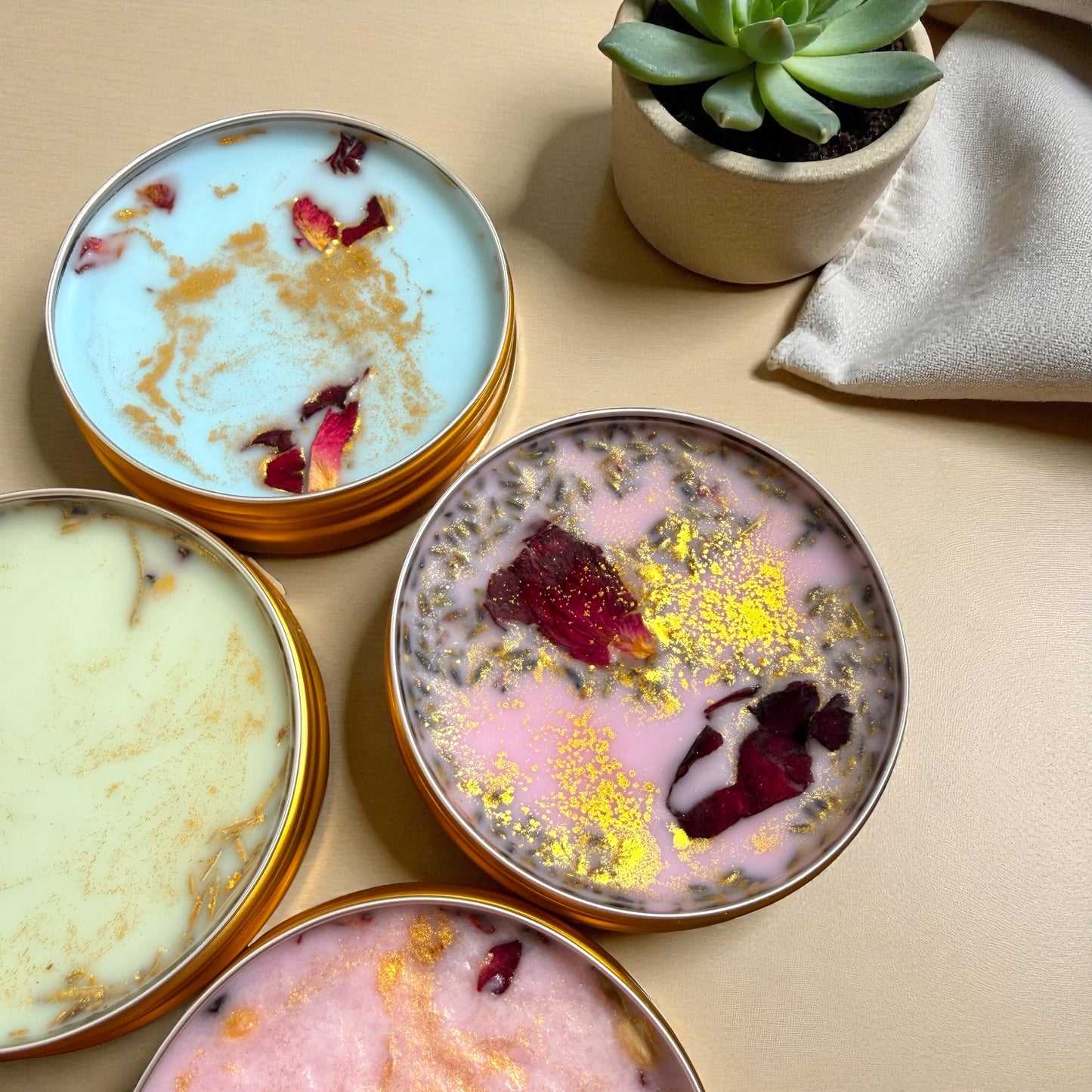 Four decorative bowls with a plant on a beige surface