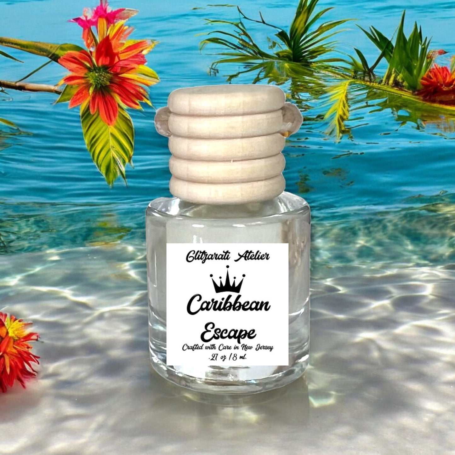 Caribbean Escape Scented Hanging Glass Car Oil Diffuser Freshener 8ml