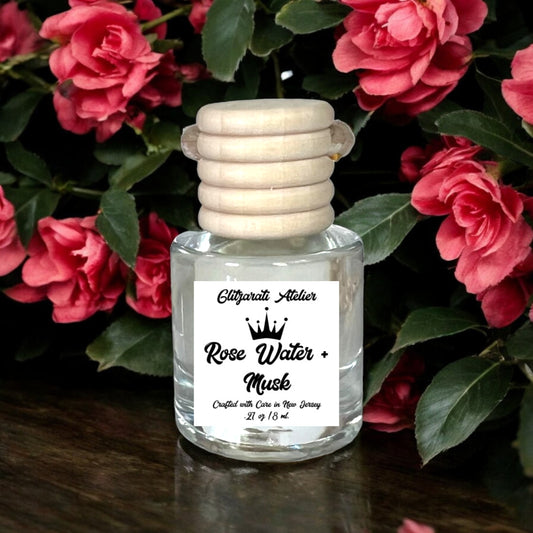 Rose Water + Musk Scented Hanging Glass Car Oil Diffuser Freshener 8ml