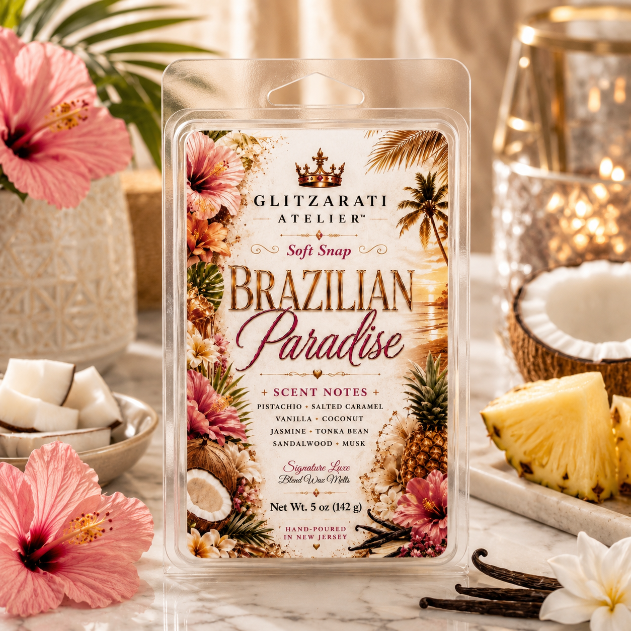Brazilian Paradise | Signature Luxe Blend Wax Melt | Pistachio, Coconut Cream & Salted Caramel | 5 oz Clamshell | Glitzarati Atelier™
