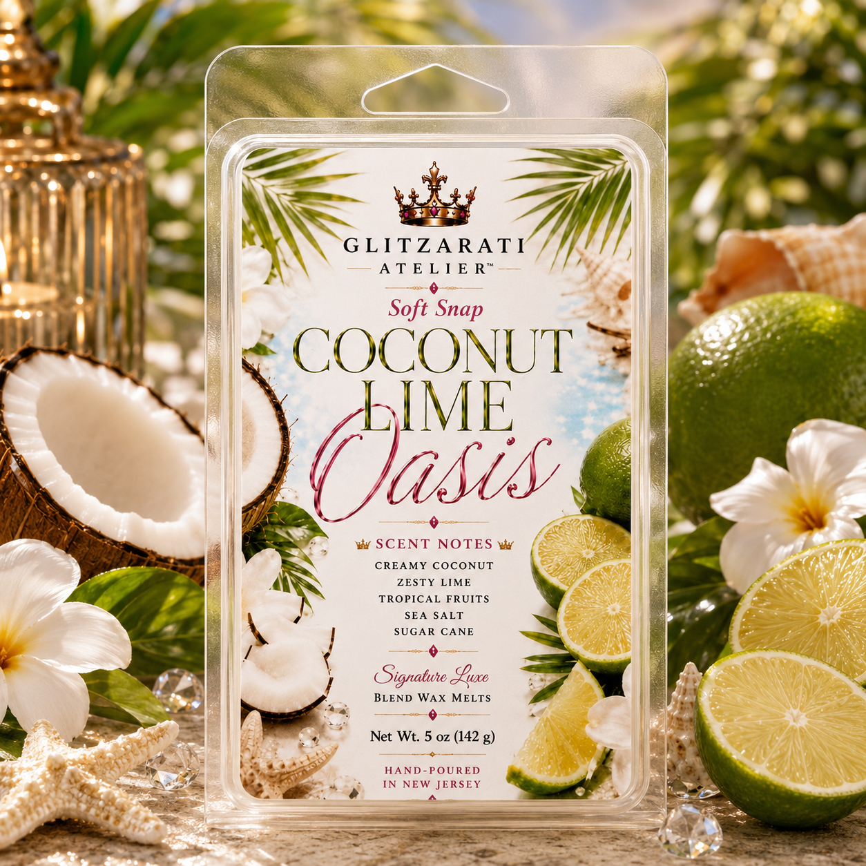 Coconut Lime Oasis | Signature Luxe Blend Wax Melt | Fresh Lime, Coconut & Vanilla Musk | 5 oz Clamshell | Glitzarati Atelier™