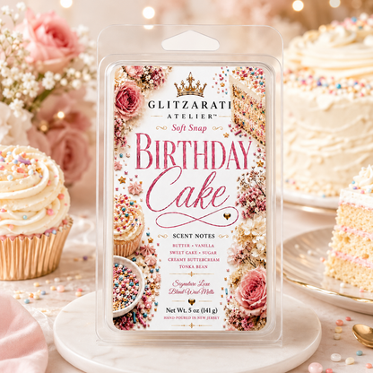 Birthday Cake | Signature Luxe Blend Wax Melt | Vanilla Cake, Sweet Frosting & Bakery Sugar | 5 oz Clamshell | Glitzarati Atelier™