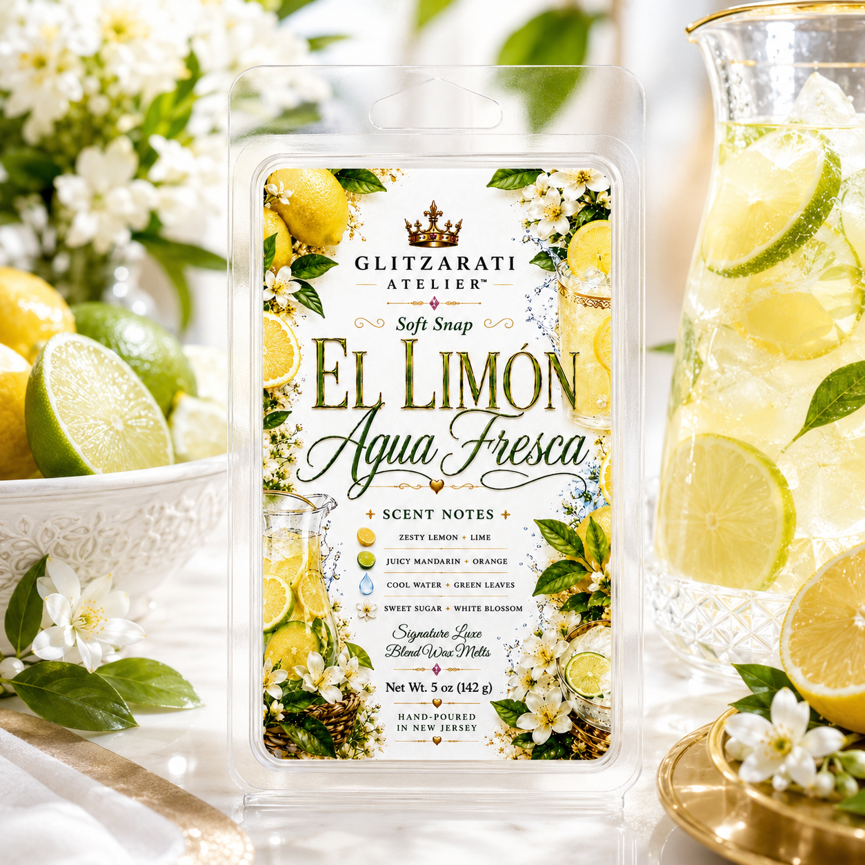 El Limón Agua Fresca | Signature Luxe Blend Wax Melt | Fresh Lime, Lemon Zest & Sweet Mandarin | 5 oz Clamshell | Glitzarati Atelier™