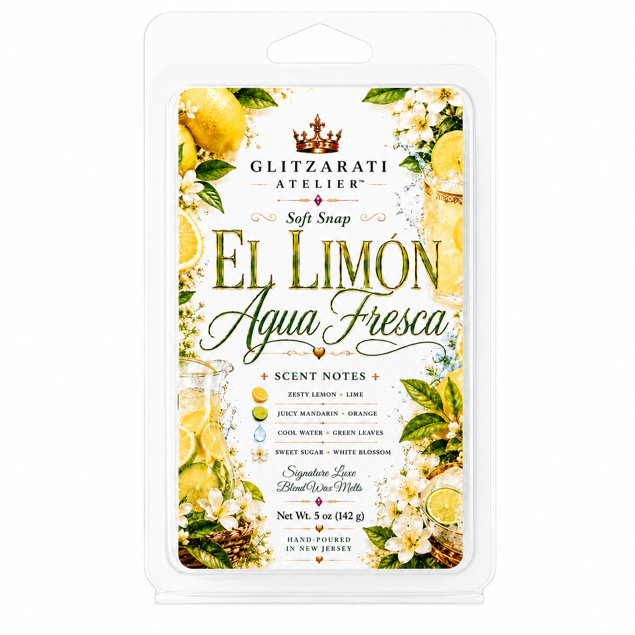 El Limón Agua Fresca | Signature Luxe Blend Wax Melt | Fresh Lime, Lemon Zest & Sweet Mandarin | 5 oz Clamshell | Glitzarati Atelier™