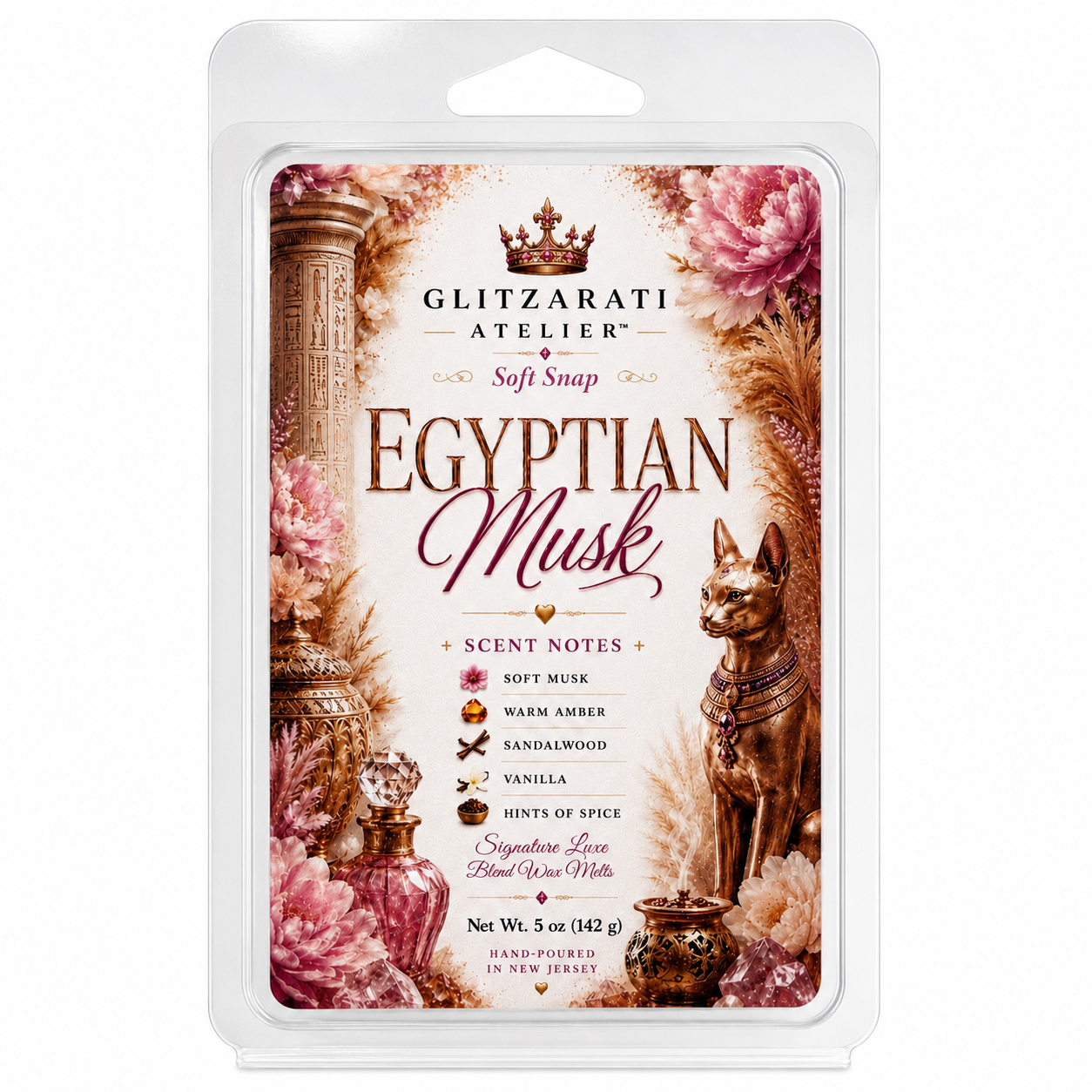 Egyptian Musk | Signature Luxe Blend Wax Melt | White Florals, Soft Musk & Powdery Warmth | 5 oz Clamshell | Glitzarati Atelier™