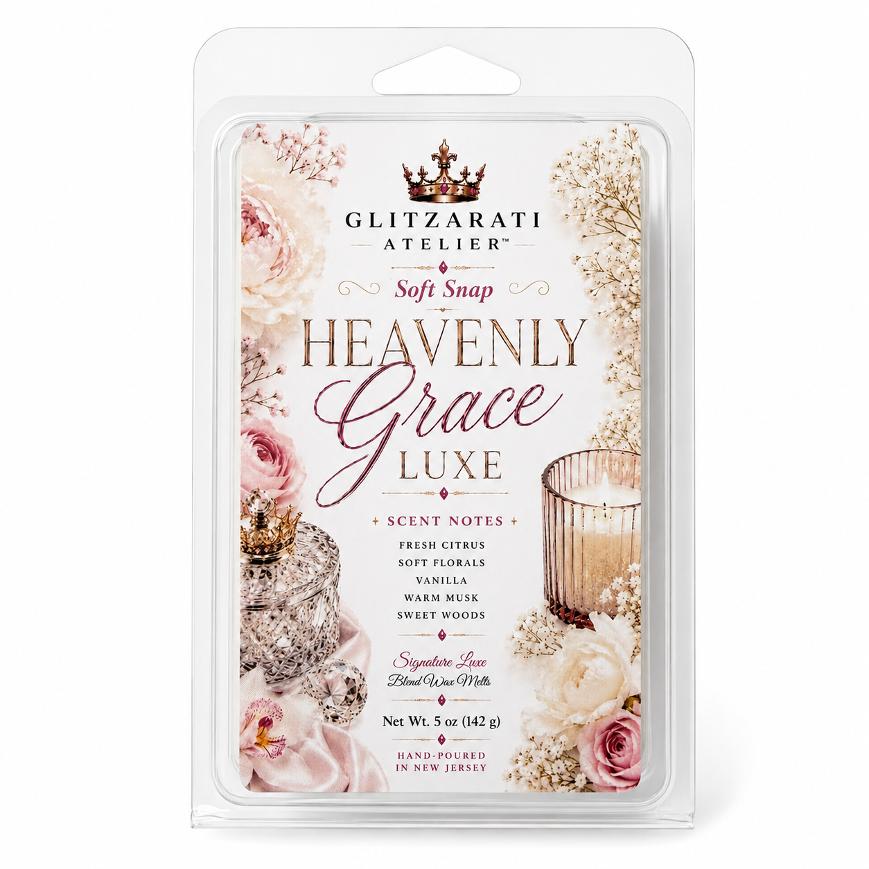 Heavenly Grace Luxe | Signature Luxe Blend Wax Melt | Green Citrus, Rose Jasmine & Cotton Candy Musk | 5 oz Clamshell | Glitzarati Atelier™