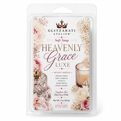 Heavenly Grace Luxe | Signature Luxe Blend Wax Melt | Green Citrus, Rose Jasmine & Cotton Candy Musk | 5 oz Clamshell | Glitzarati Atelier™